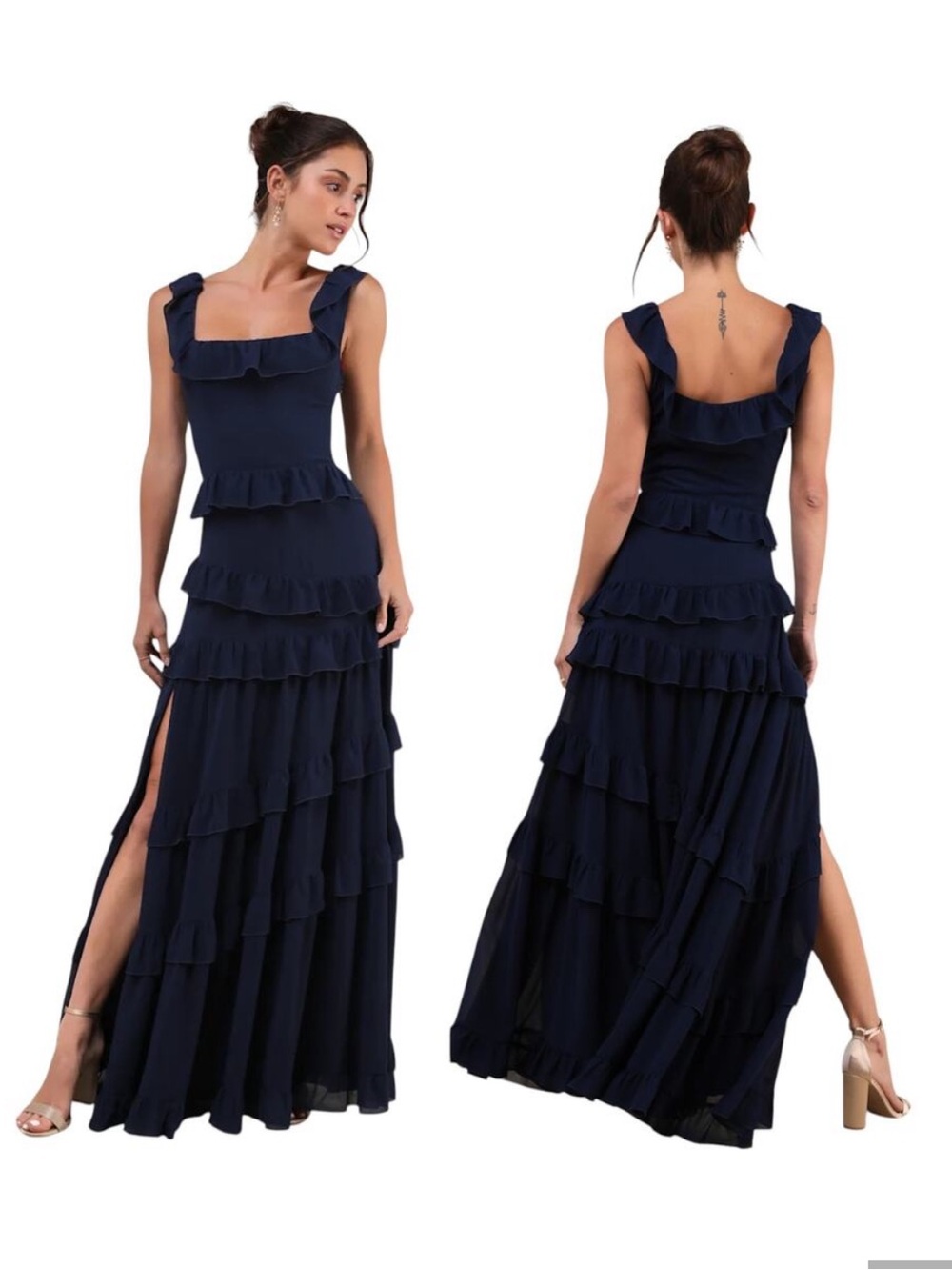 Lulus Compelling Romantic Ruffled Tiered Maxi Dress in Dark Navy Sz M Bridesmaid - Picture 2 of 16